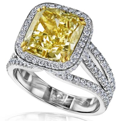 Kobelli 5.94 Carat Fancy Yellow & White Diamond GIA Certified Platinum Cushion Halo Double Split Band Callisto Ring