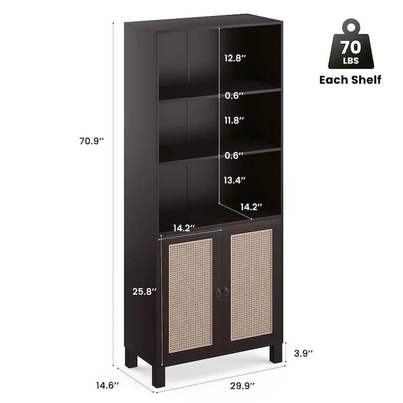 Tall Bookcase with Rattan Doors,5 Tier Storage Wood Shelves Large Bookshelf for Library Living Room Bedroom Home Office
