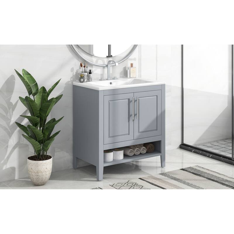 30" Bathroom Vanity Set with Sink, Solid Wood & MDF Board, Freestanding with Multi-Functional Drawers & Doors