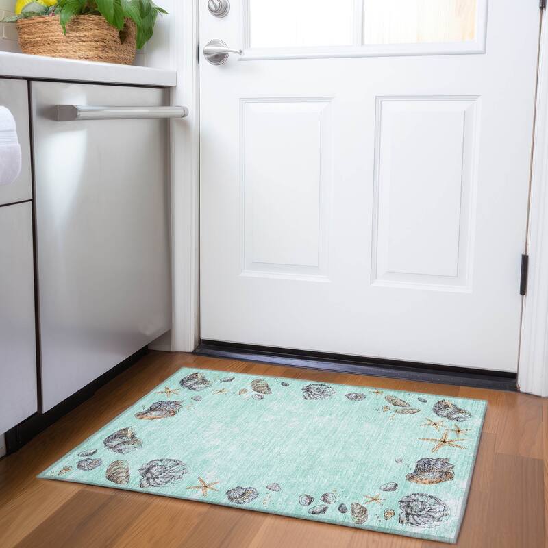 Premium Washable Super Soft Coastal Shell Border Mayfield Rug - Green - 1' 8" x 2' 6" - Rectangle