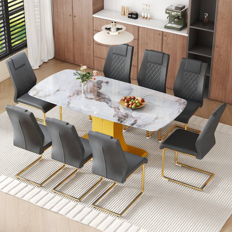Dining Table with Gold C-Shaped Legs, Minimalist Dining Set, Dark Gray Leather Dining Chairs with Metal Legs