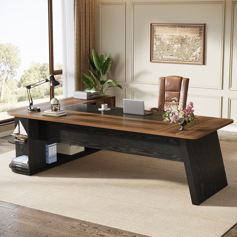 79 Inch Office Executive Desk with File Cabinet, L-Shaped Corner Desk with Storage Shelves for Home Office - Black & Brown