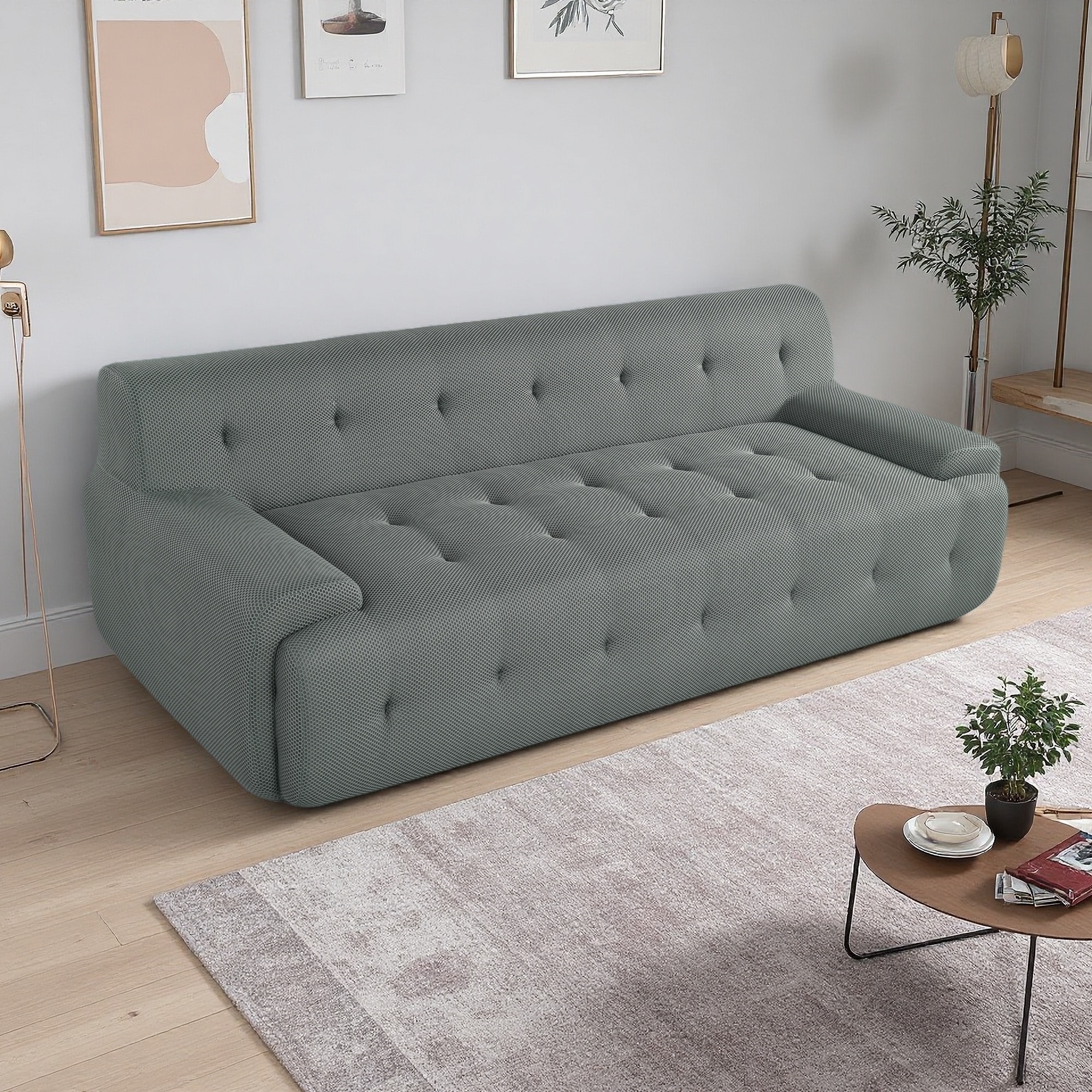 86.2'' Polyester Mesh Upholstered 3-Seat Modular Lounge Sofa with Tufted Design, Low Armrests, Deep Seats,Minimalist Style