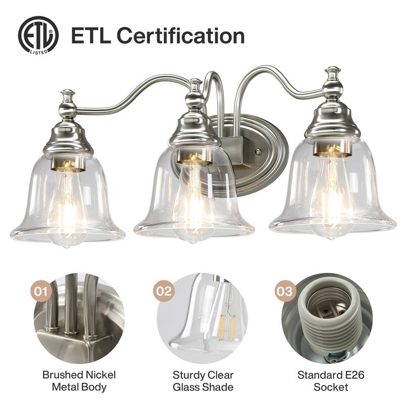 Modern 3-Light Bathroom Vanity Light with Clear Glass Shade