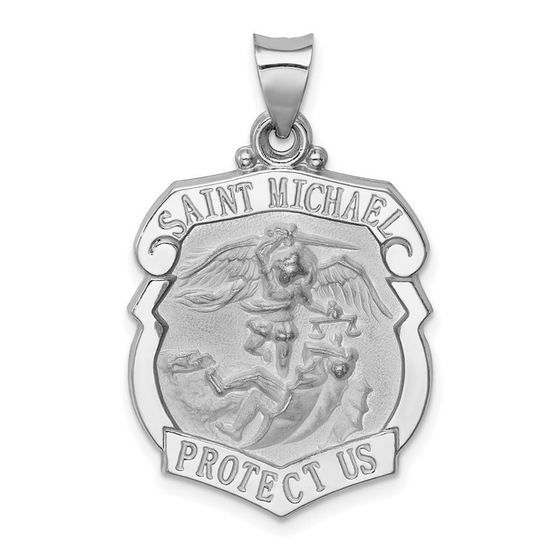 Curata 14k White Gold 18" Satin St. Michael Badge Medal Pendant Necklace