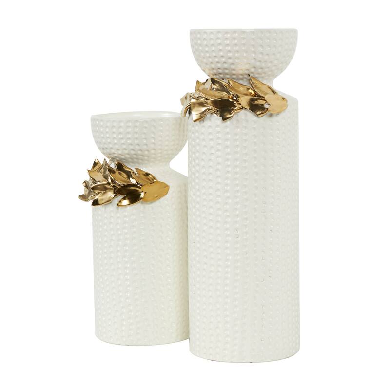 White Ceramic Candle Holder with Abstract Spotted Pattern and Gold Leaf Accents (Set of 2)