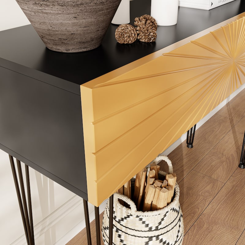 Wood Console Table with Radial Sunburst Drawers, Sofa Table with Soft-Close Storage, Entryway Accent Table with Open Shelf