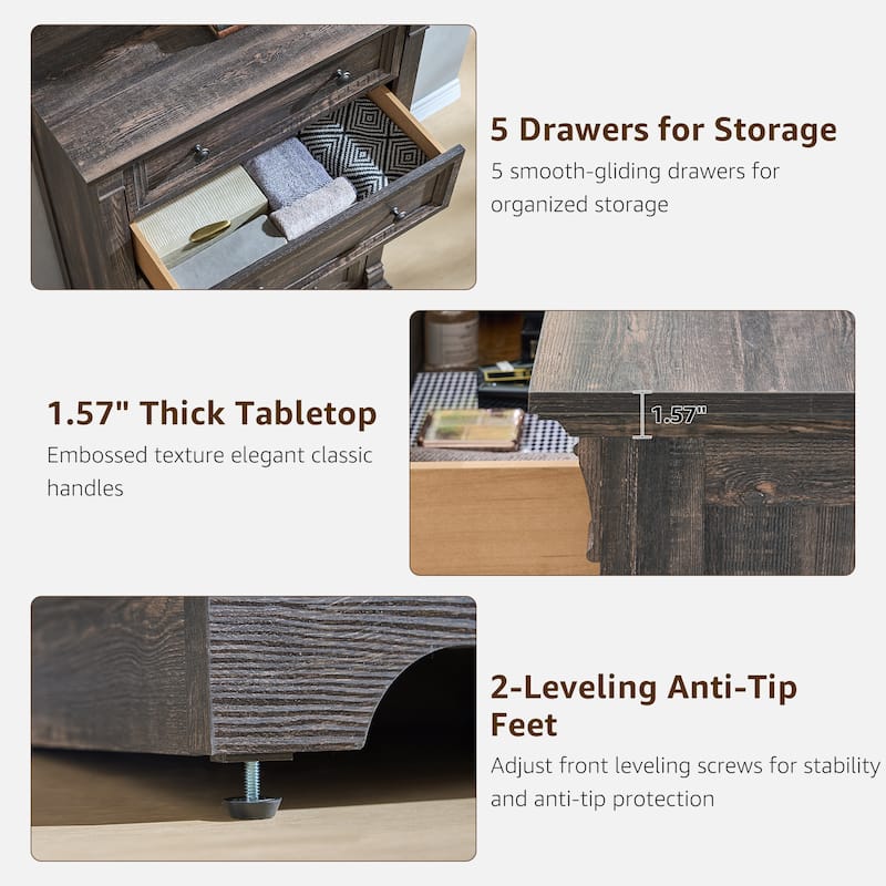 Farmhouse 5 Drawers Dresser, Wood Rustic Chest of Drawers for Bedroom