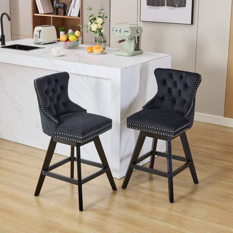 Swivel Bar Stools Set of 2, Velvet Counter Height Barstools with Wooden Legs, Kitchen Island Chairs with Button Backrest