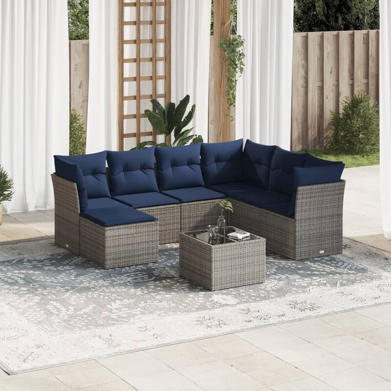 vidaXL 7/8 Piece Patio Sofa Set with Cushions Black/Brown/Gray Poly Rattan - Beige and gray With table