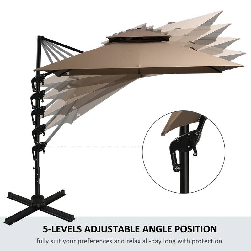 10ft Offset Patio Umbrella with 360-degree Rotation, Tilt, Crank, Cross Base, Cover, Strap, Coffee