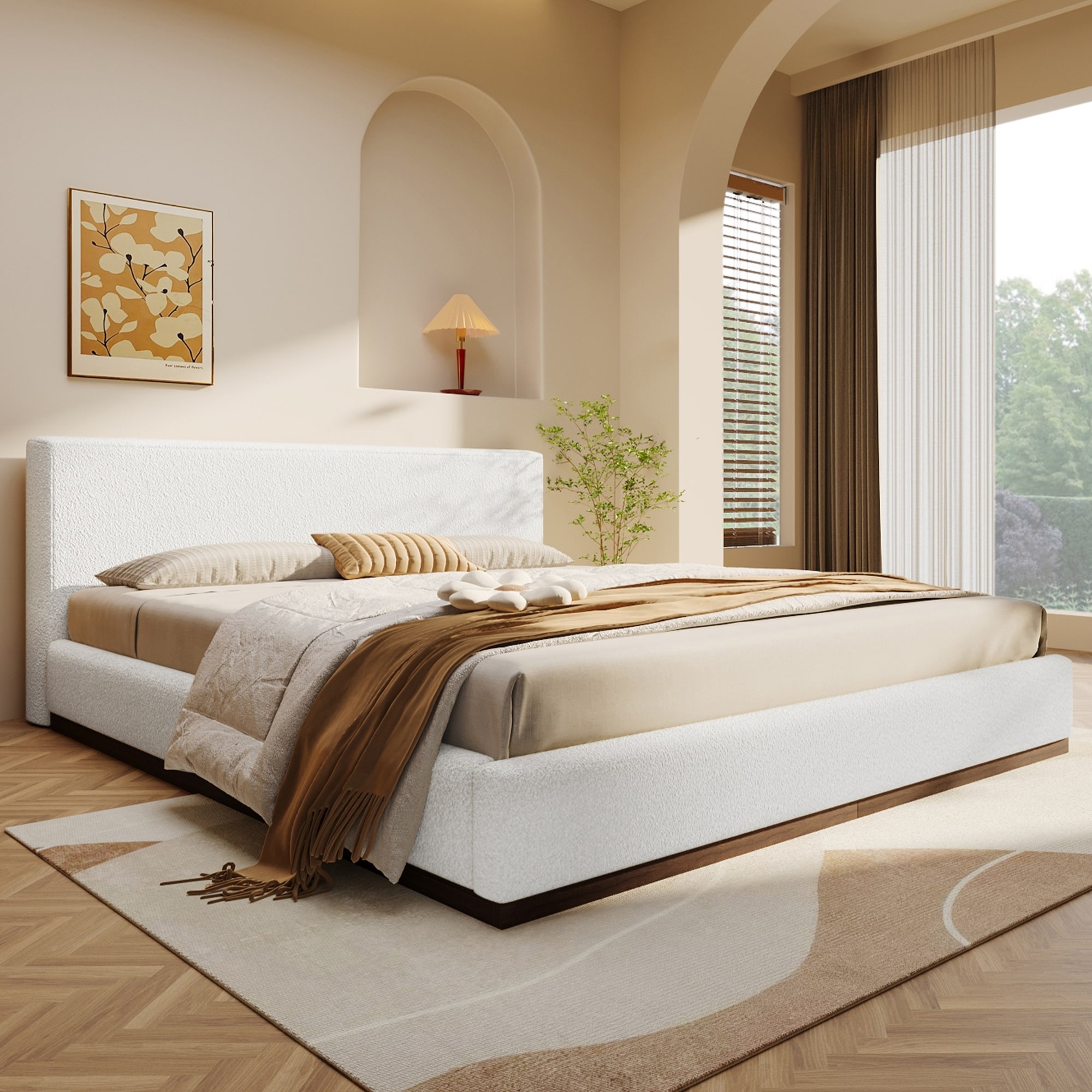 Upholstered Bed Frame with Headboard, Solid Wood Base Floor Platform Bed Frame for Bedroom, No Box Spring Needed No Noise/White