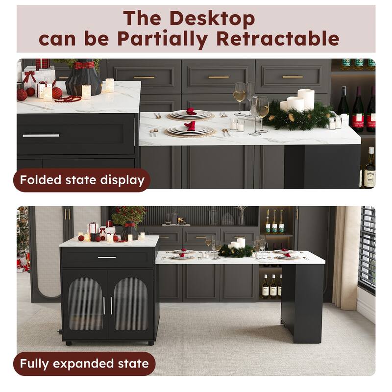 80" Expandable Kitchen Island with Dining Table, Mobile Storage Cart with Cabinet