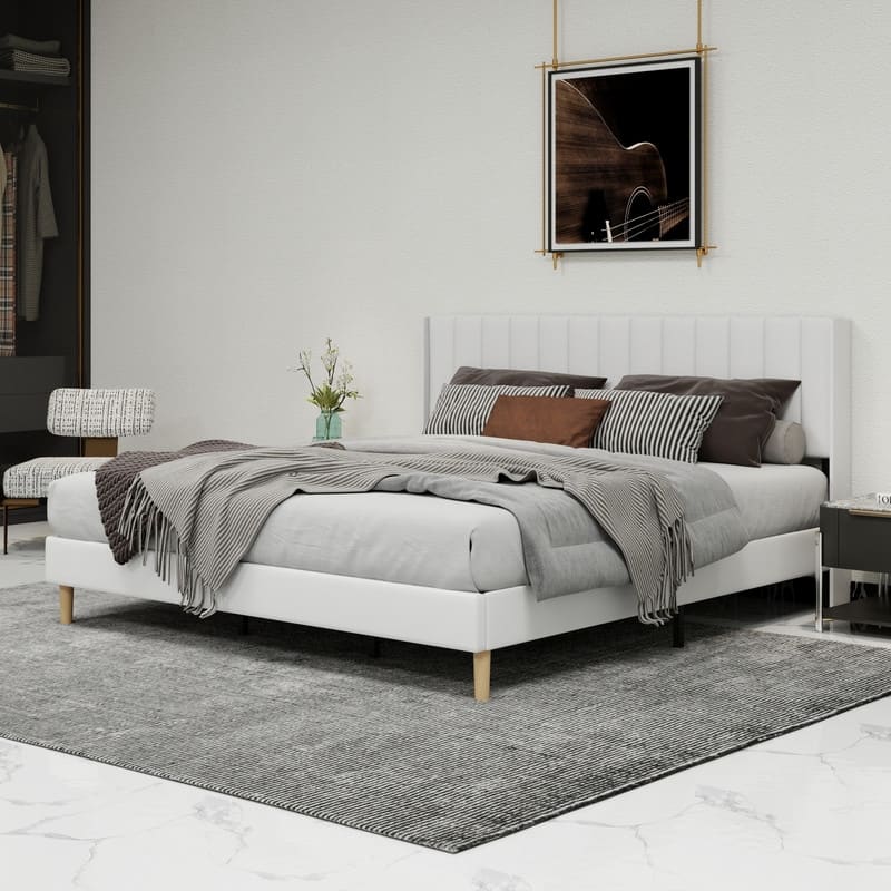 Caxkun Upholstered Platform Bed Frame with Wingback headboard - White - King