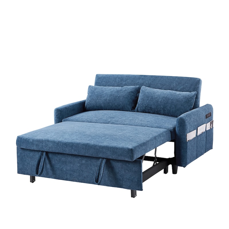 3-in-1 Pull Out Sofa Bed, Couch Bed with Adjsutable Back and Storage Pockets, 2 Seater Sofa with 2 Soft Pillows and USB Ports