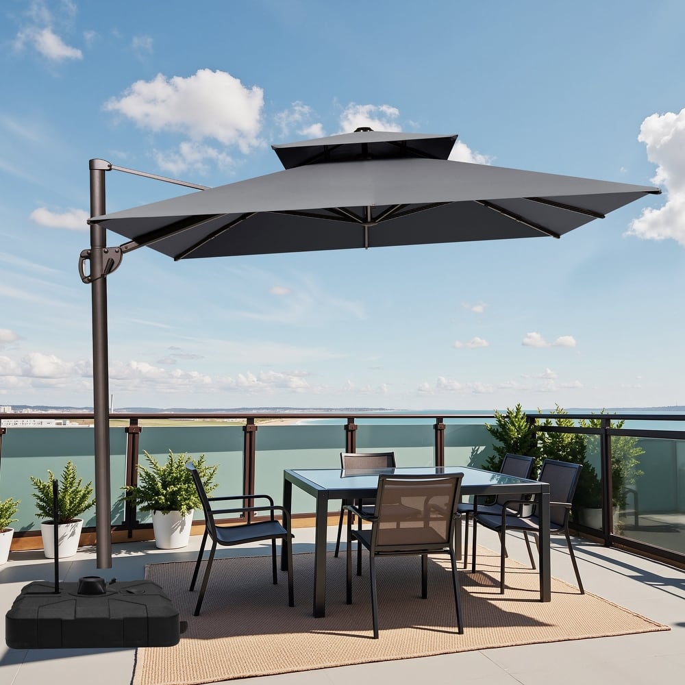 9 x 12 ft Double Top Patio Cantilever Umbrella 360-degree Rotation with Base