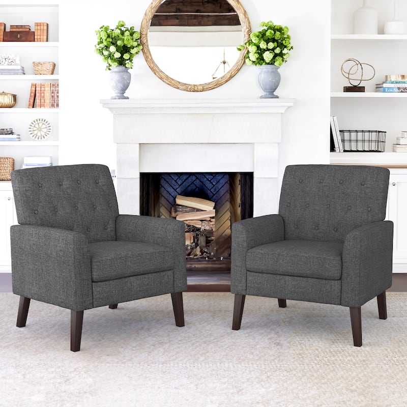 Mid-Century Modern Upholstered Linen Fabric Button Tufted Accent Chair Set of 2 - 28.5 W X 27.25 D X 33.75 H - Gray Linen