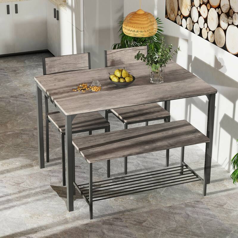 Gymax 4pcs Dining Table Set Rustic Desk 2 Chairs & Bench w/ Storage - See Details