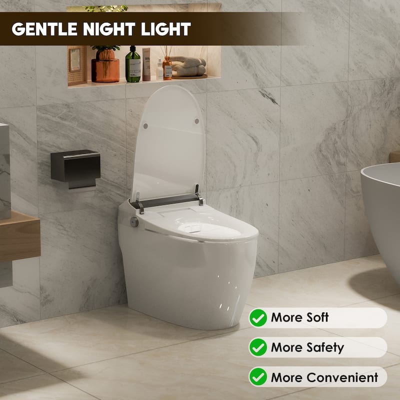 Smart Toilet with Heated Seat & Foot Sensor Flush - Tankless One-Piece Power Outage-Proof Toilet, Night Light, Soft Close Lid