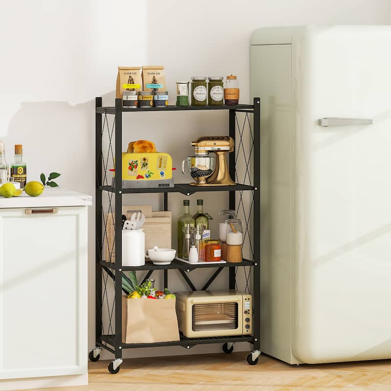 Gymax 2PCS 4-tier Foldable Storage Shelving Unit w/4 Universal Wheels