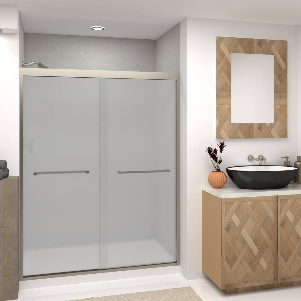 Frederick 59 in. W x 76 in. H Sliding Semi-Frameless Shower Door in Brushed Nickel with Frosted Glass - 60 x 76 - 60 x 76