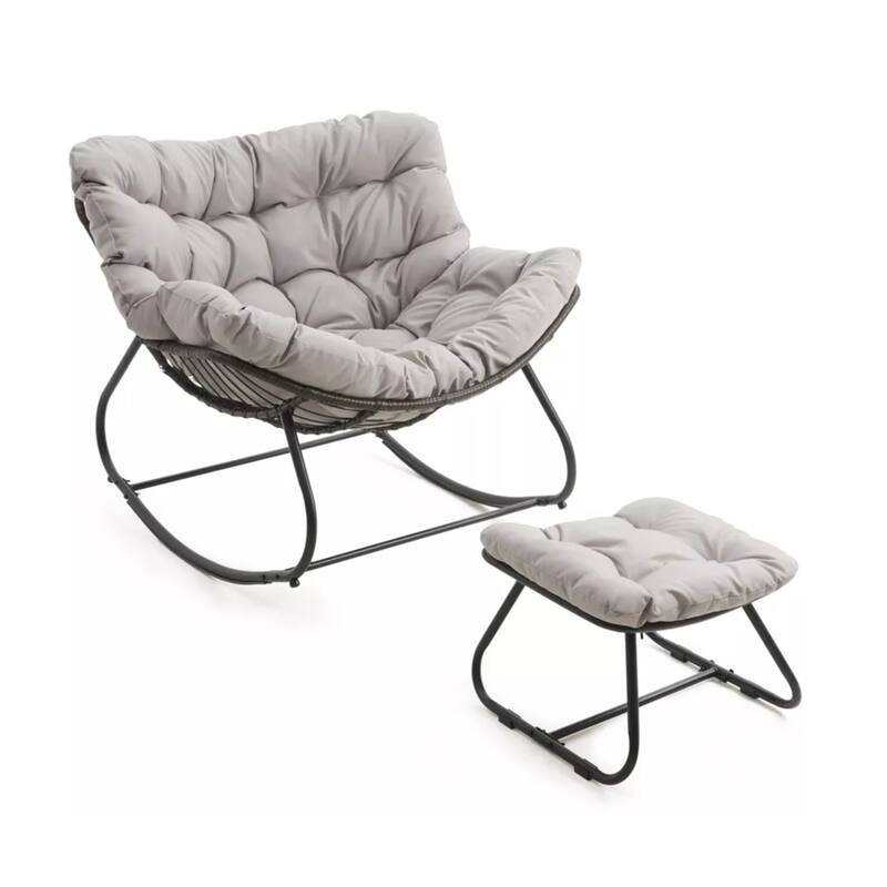Light Gray Egg Rocking Chair with Ottoman, Wicker Lounge