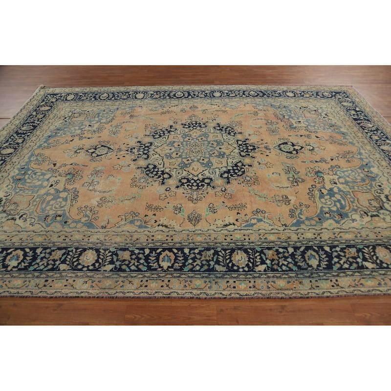 Medallion Mashad Persian Vintage Area Rug Handmade Wool Carpet - 7'11"x 11'1"