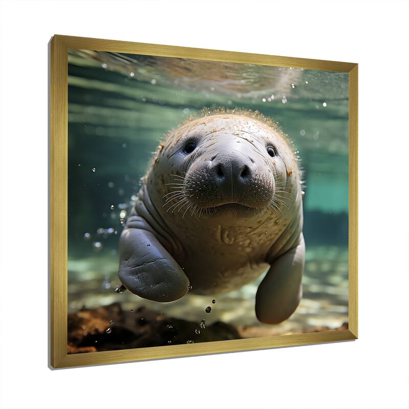 Designart "Curious Manatee Gaze II" Manatee Wall Decor Blue Modern Entryway Framed Wall Art Print