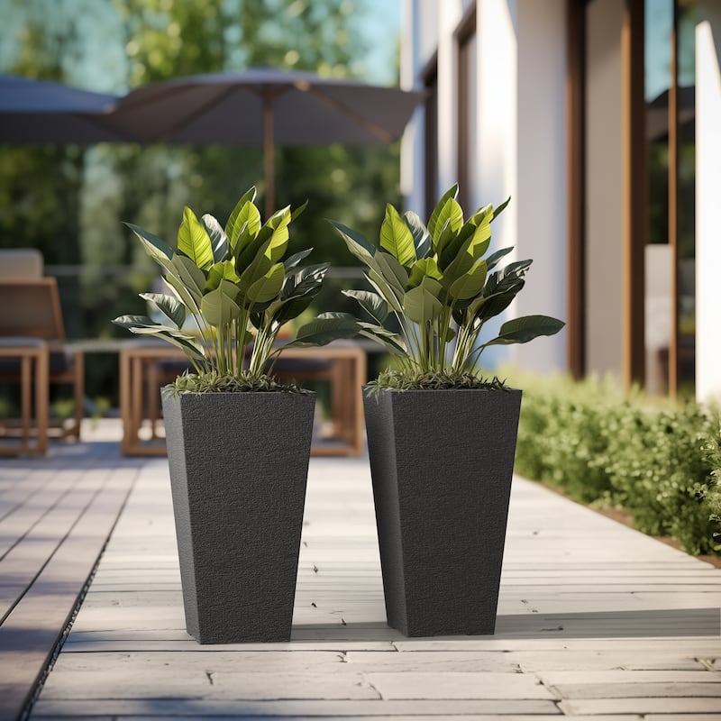 Black Tall Plastic Trapezoid Plant Pots / Large Indoor and Outdoor Flower Planters, 2 Piece Set