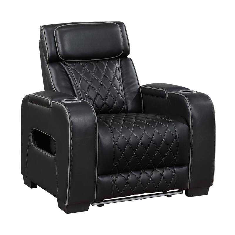 Ezra 37.5" Faux Leather Power Recliner - Power Heatrest, Cup Holders - Black