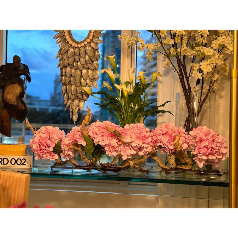 Casa Moderna Glass Plate Planter with Hydrangeas and Driftwood