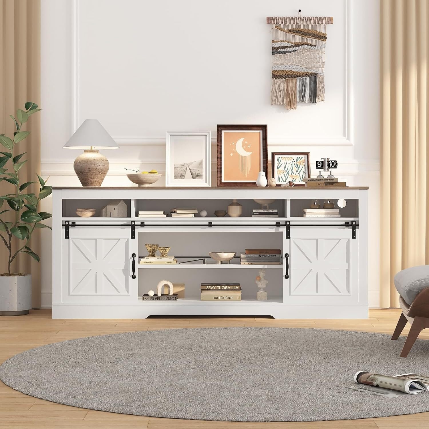 66" Farmhouse TV Stands, Entertainment Center with Open Storage, Power Outlets - N/A