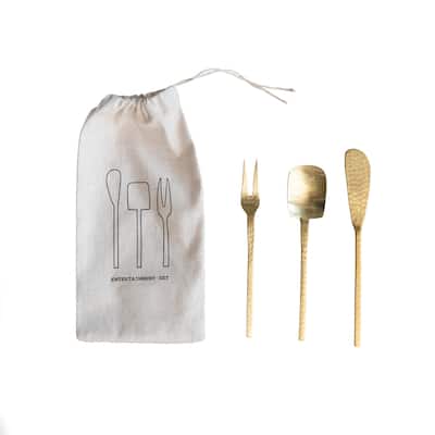 Hammered Stainless Steel Appetizer Utensils in Printed Drawstring Bag - 6.3"L x 0.8"W x 0.3"H