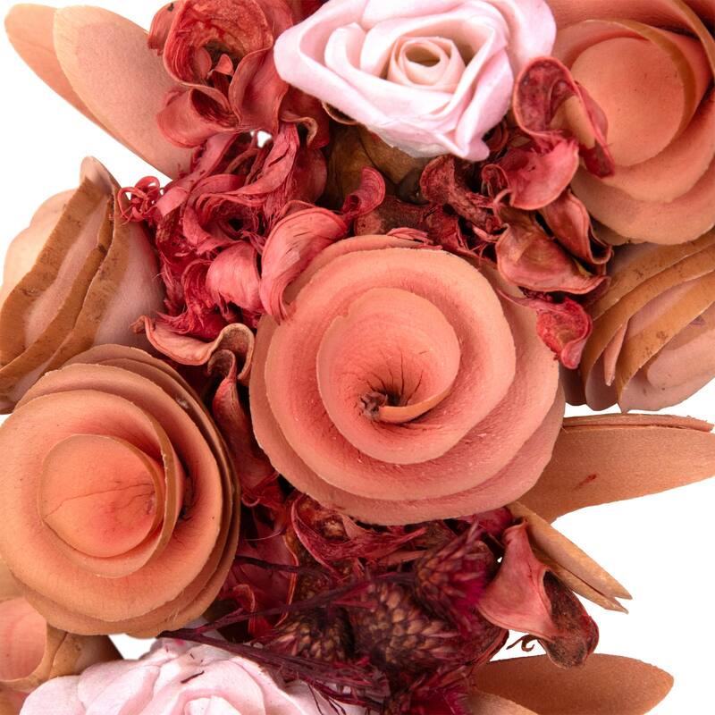 Roses and Wooden Flowers Artificial Spring Wreath - 12" - Unlit - Pink