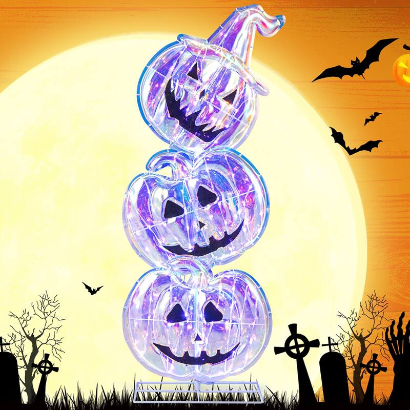 Gymax 3.4 Ft Halloween Decorations Light up Stacked Pumpkins Standing - Multi