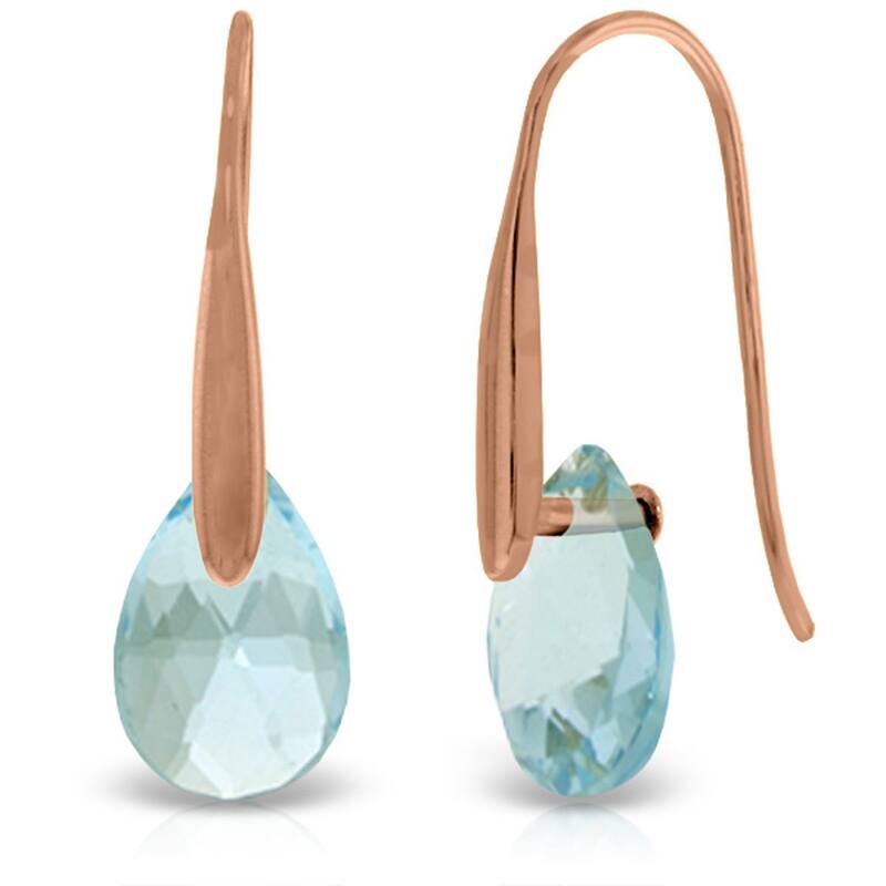 14K Solid Gold Fish Hook Earrings w/ Dangling Briolette Blue Topaz - Rose