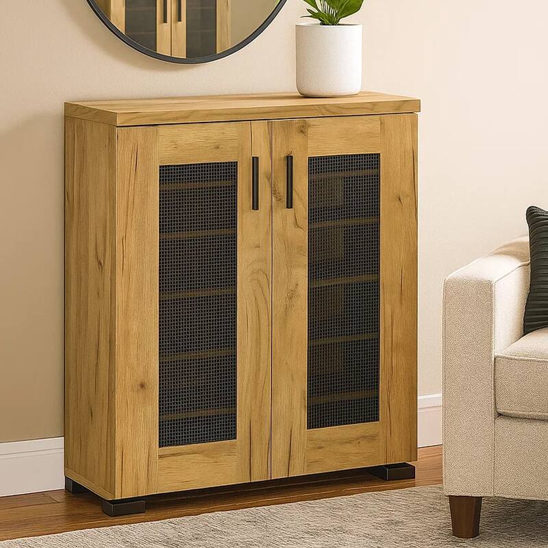 38 Inch Accent Cabinet Chest, 5 Adjustable Shelf Units, Golden Oak Brown