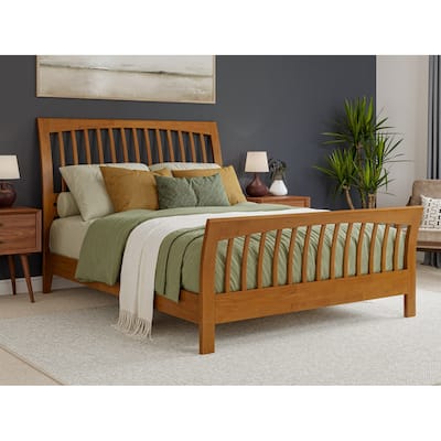 Solid Wood Low Profile Platform Bed - Light Toffee Finish - Sleigh Headboard & Footboard - Queen & King Sizes