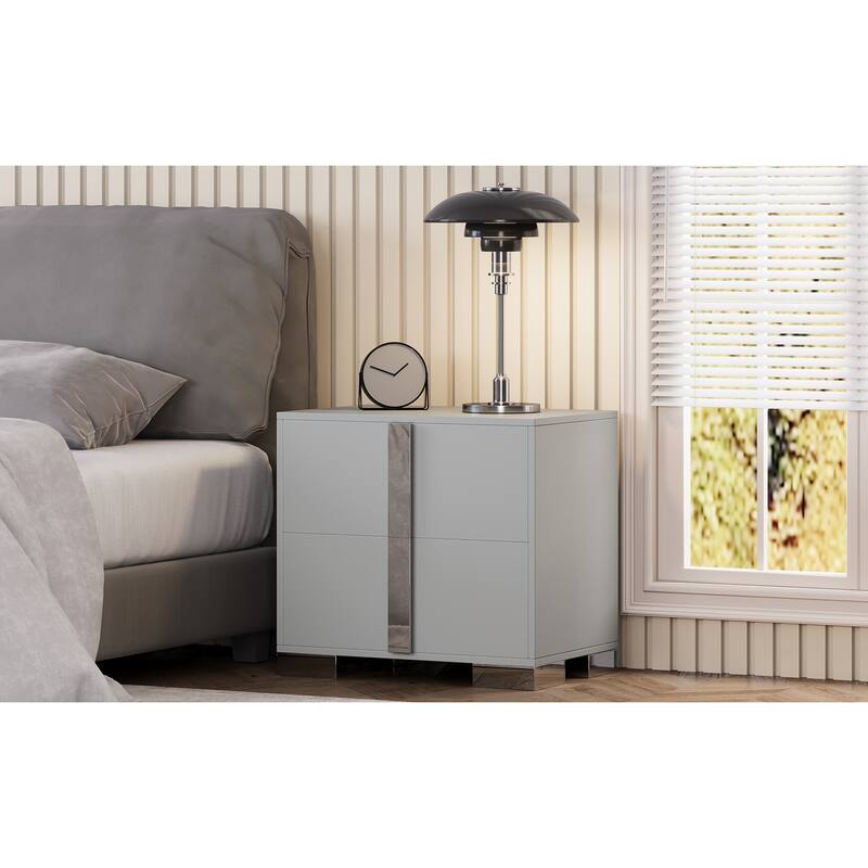Modern End Table with Drawers, Elegant Nightstand with Metal Foot,Wood Bedside Table with Mirrored Metal Handles