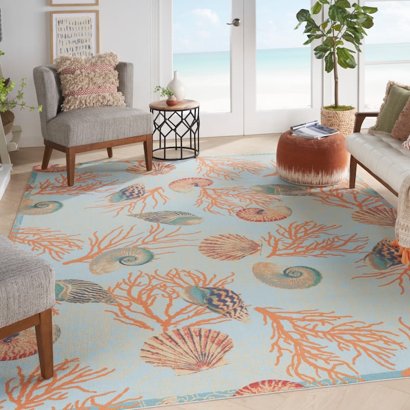 Waverly Sun & Shade Shore Thing Tropical Sea Shell Floral Indoor Outdoor Area Rug