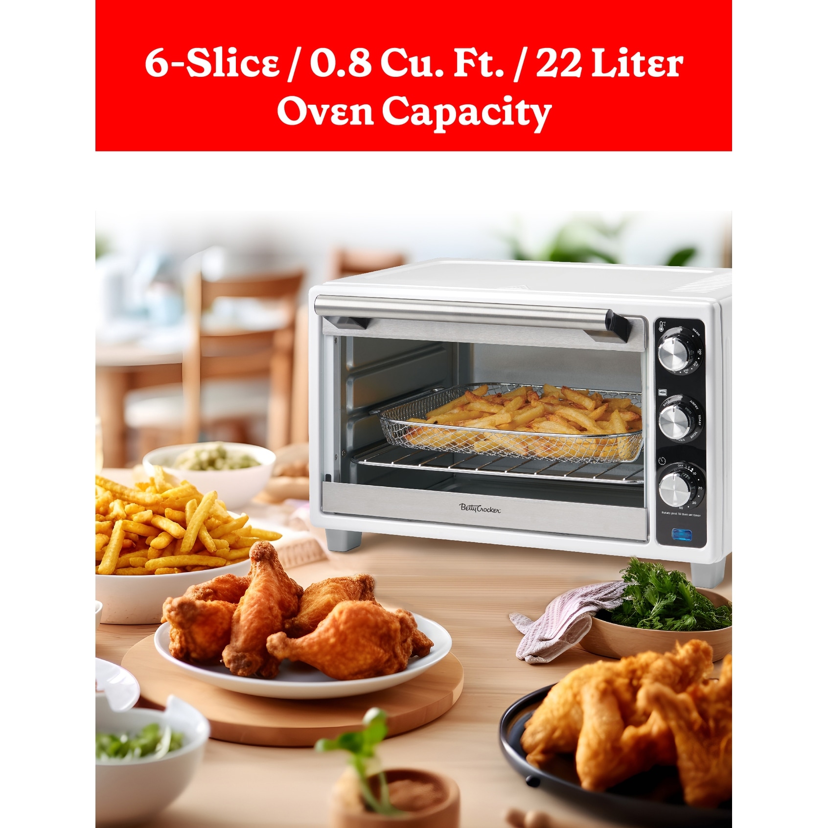 Betty Crocker Air Fryer Convection Toaster Oven Multifunction 6 Slice Toaster and Air Fryer Oven White
