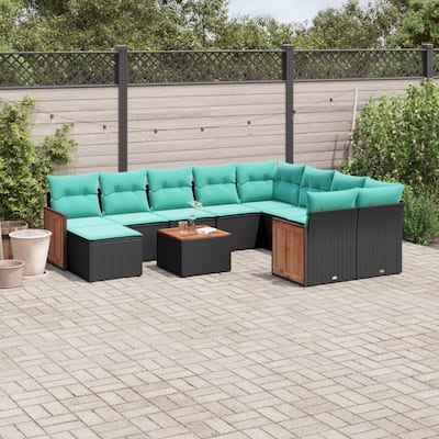 vidaXL 11 Piece Patio Sofa Set with Cushions Black Poly Rattan - 24.4x27.2x24.4