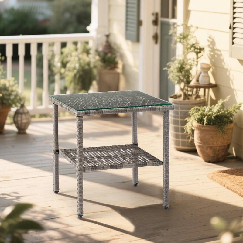 Square Outdoor Tea End Table Wicker Rattan Steel Frame with Tempered Glass Patio Balcony Garden - 17.52" L x 17.52" W x 18.5" H