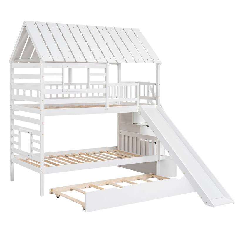Roomfitters Twin Over Twin House Bunk Bed with Slide, Trundle and Storage Staircase