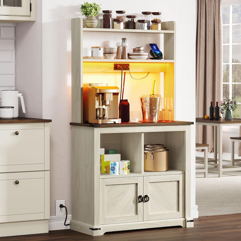 Moasis 61" Tall Bakers Rack Cabinet Microwave Stand with AC Outlets and USB Ports LED Lights
