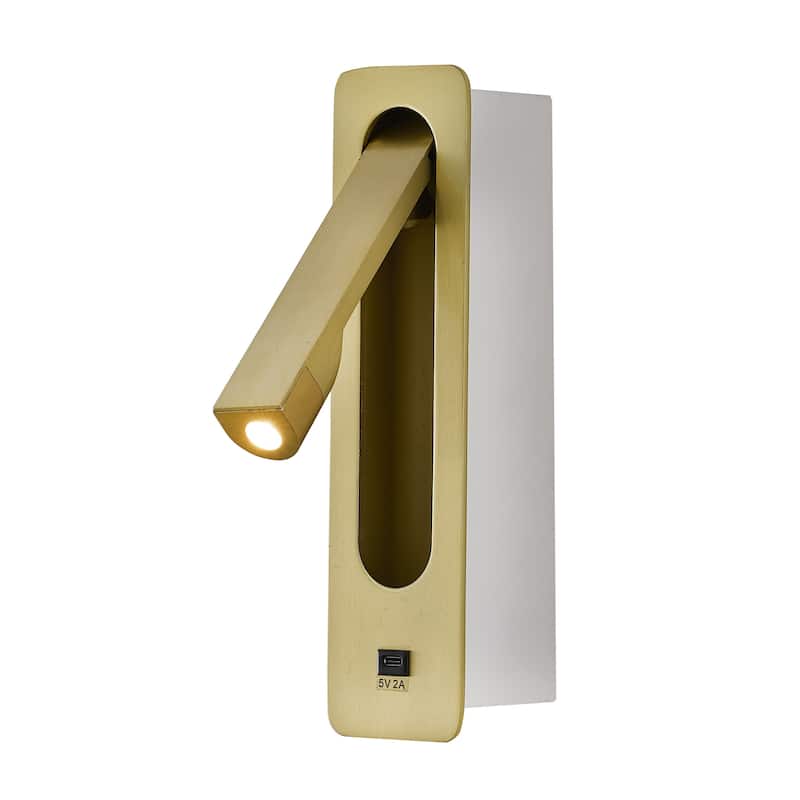 1-Light Satin Brass Metal LED Wall Sconce With One USB Port And A Clear Frosted Len