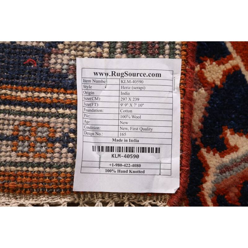 Medallion Heriz Serapi Indian Area Rug Handmade Orange Wool Carpet - 7'10" x 9'9"