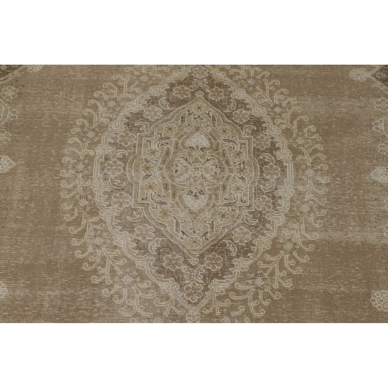 Distressed Tabriz Vintage Persian Rug Hand-Knotted Brown Wool Carpet - 9'6" x 13'3"