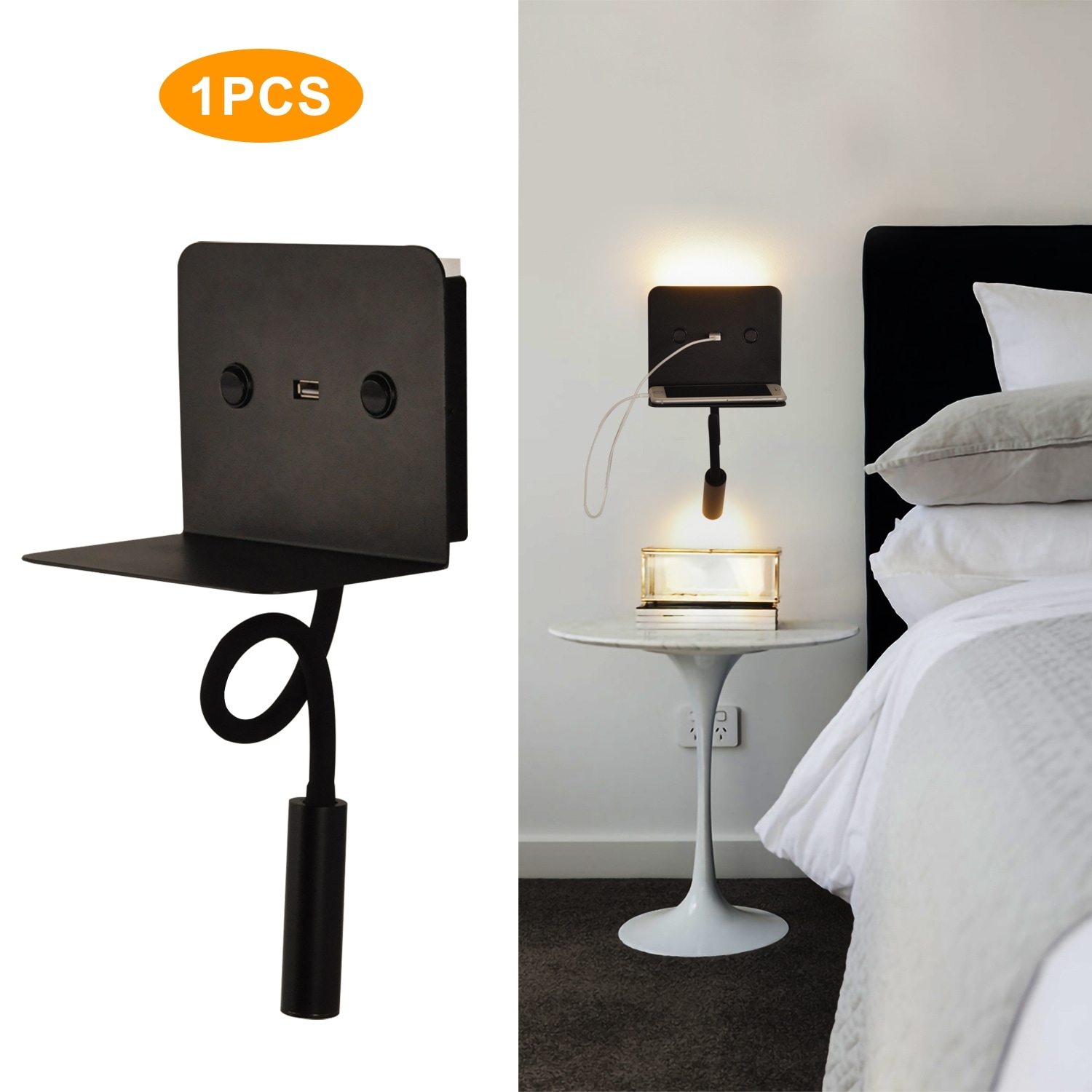 Modern Reading LED Wall Mount Lamp with USB Charging Port Bedside Night Light with Shelf and Swing Arm Gooseneck for Bedroom