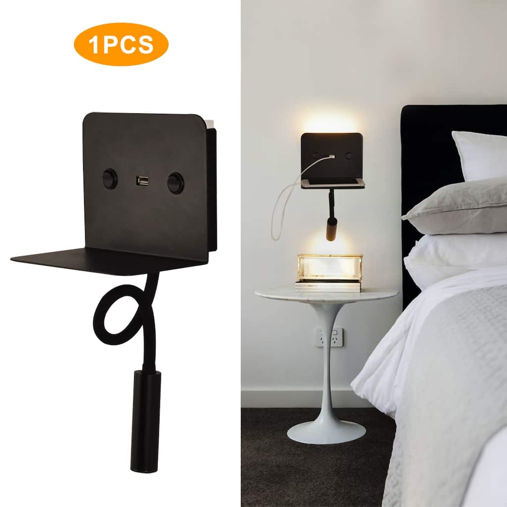 Modern Reading LED Wall Mount Lamp with USB Charging Port Bedside Night Light with Shelf and Swing Arm Gooseneck for Bedroom